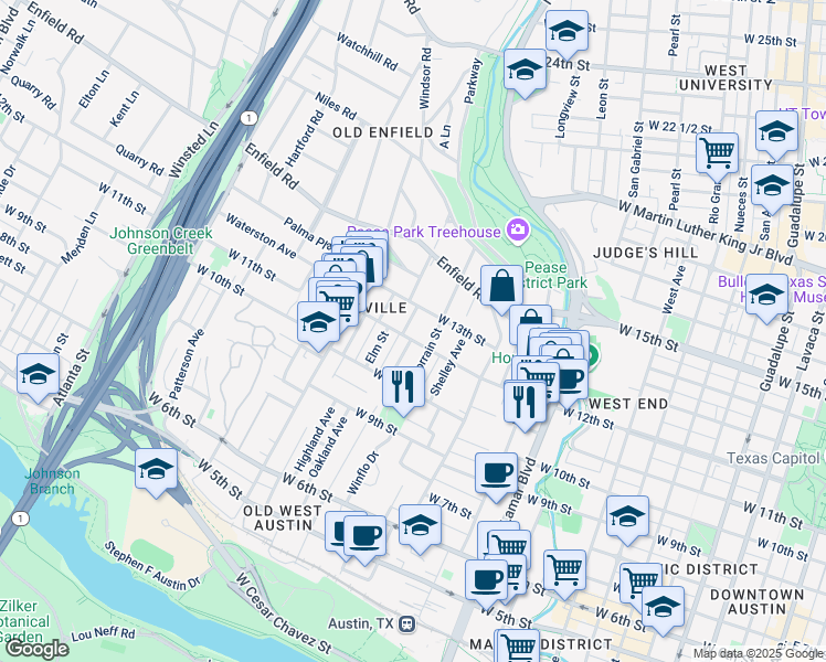 map of restaurants, bars, coffee shops, grocery stores, and more near 1200 Lorrain Street in Austin