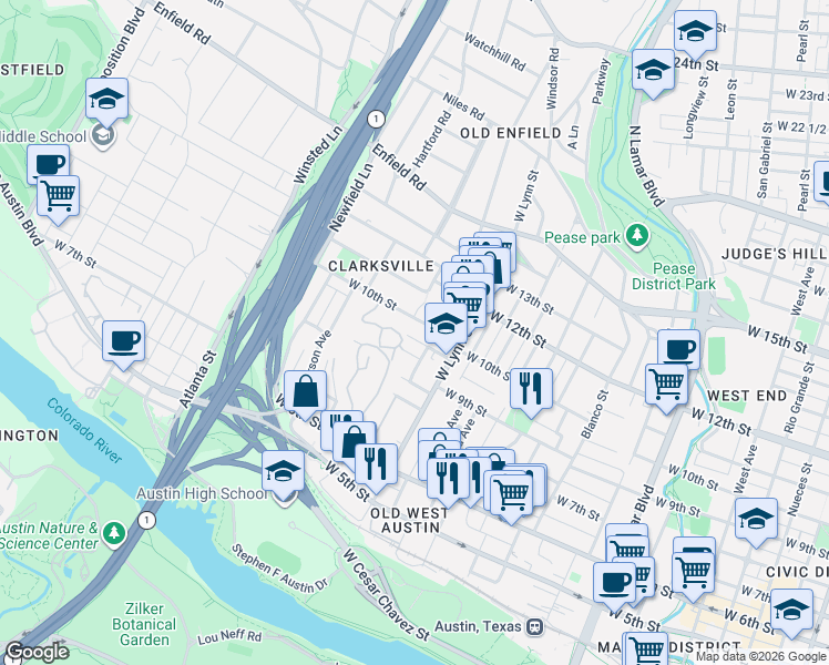 map of restaurants, bars, coffee shops, grocery stores, and more near 1608 West 9th 1/2 Street in Austin