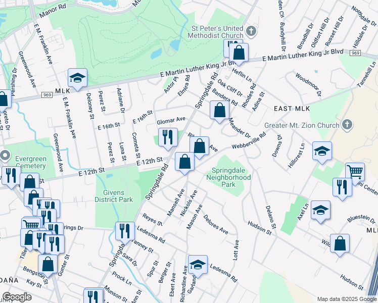 map of restaurants, bars, coffee shops, grocery stores, and more near 1203 Springdale Road in Austin
