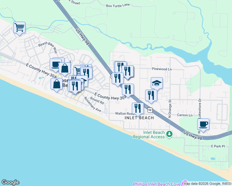 map of restaurants, bars, coffee shops, grocery stores, and more near 10941 East County Highway 30A in Rosemary Beach