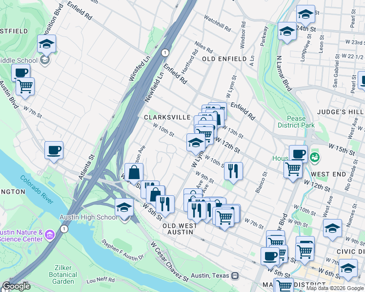 map of restaurants, bars, coffee shops, grocery stores, and more near 1608 West 9th 1/2 Street in Austin