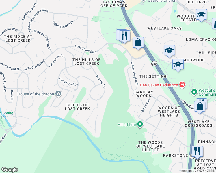 map of restaurants, bars, coffee shops, grocery stores, and more near 1611 Bay Hill Drive in Austin