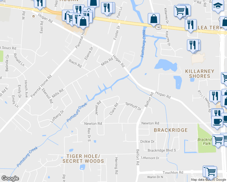 map of restaurants, bars, coffee shops, grocery stores, and more near 2614 Jewell Rd in Jacksonville