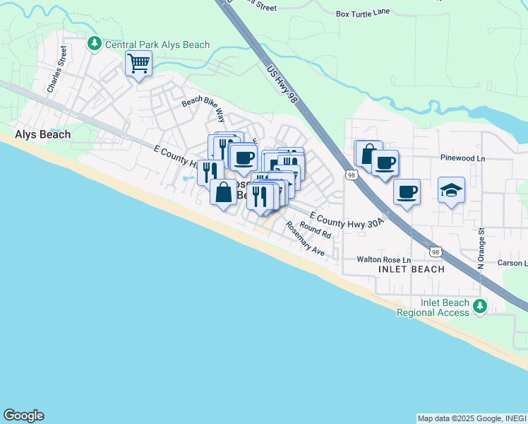 map of restaurants, bars, coffee shops, grocery stores, and more near 403 West Water Street in Rosemary Beach