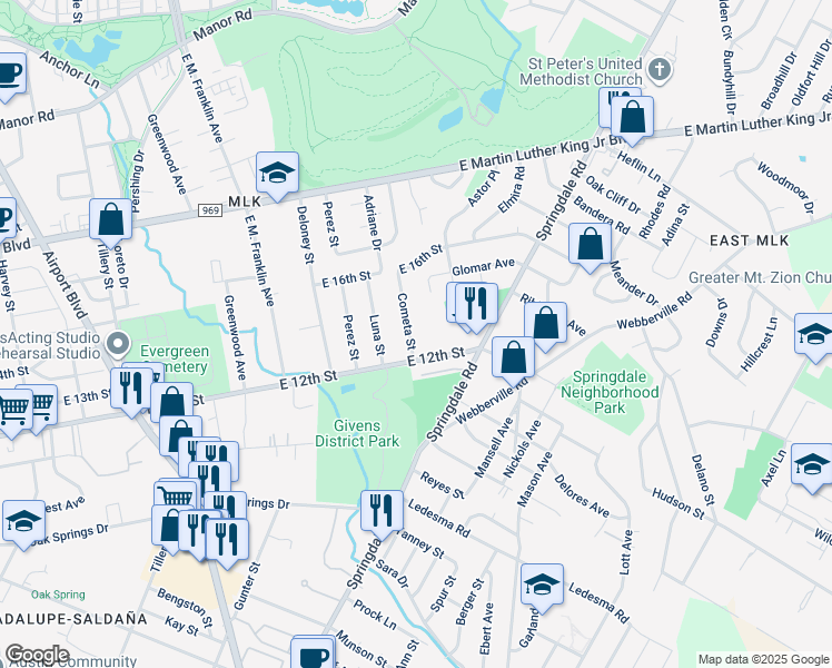 map of restaurants, bars, coffee shops, grocery stores, and more near 4106 East 12th Street in Austin