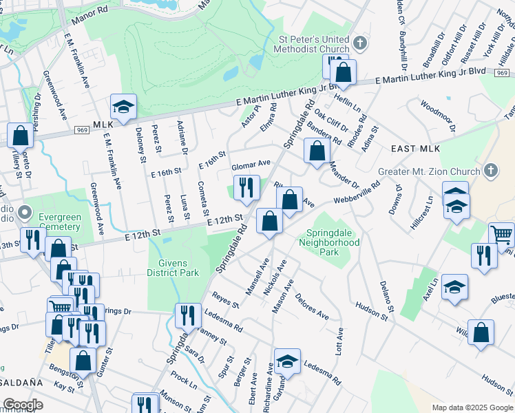 map of restaurants, bars, coffee shops, grocery stores, and more near 1203 Springdale Road in Austin