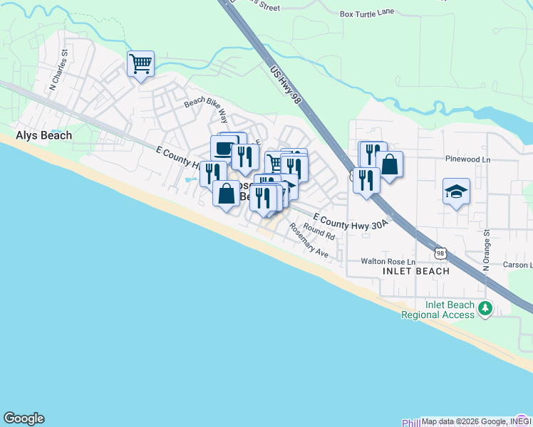 map of restaurants, bars, coffee shops, grocery stores, and more near 403 West Water Street in Rosemary Beach