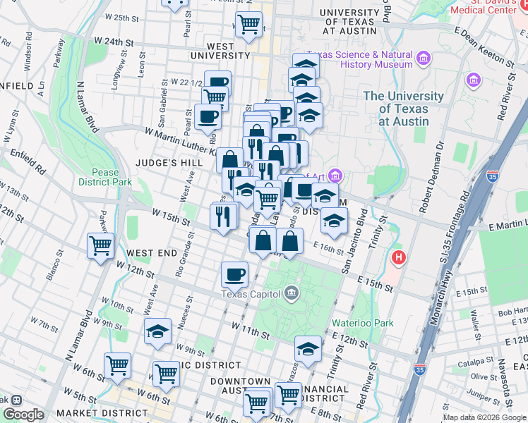 map of restaurants, bars, coffee shops, grocery stores, and more near 1612 Lavaca Street in Austin