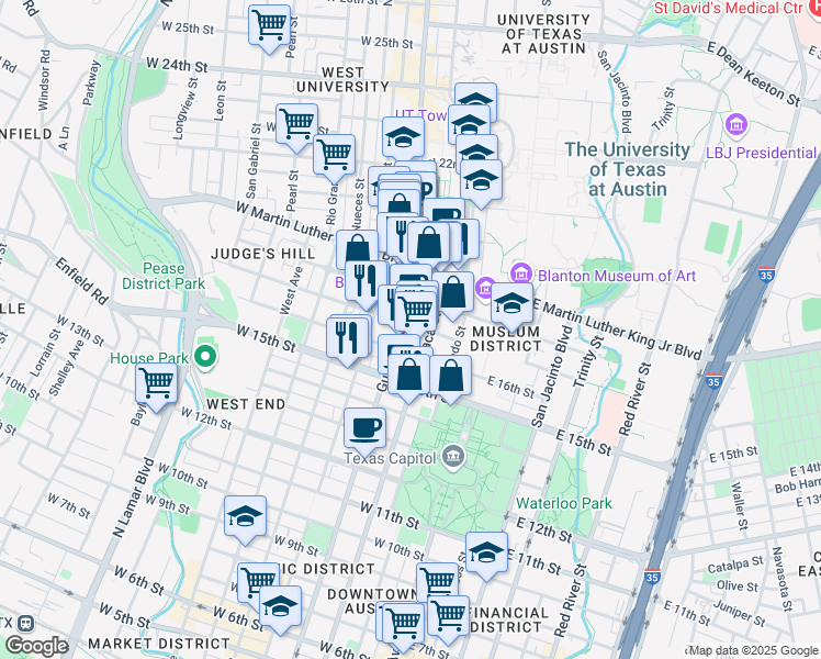 map of restaurants, bars, coffee shops, grocery stores, and more near 1612 Lavaca Street in Austin