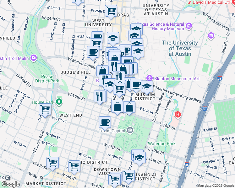 map of restaurants, bars, coffee shops, grocery stores, and more near 1612 Lavaca Street in Austin