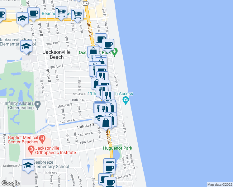 map of restaurants, bars, coffee shops, grocery stores, and more near 138 10th Avenue South in Jacksonville Beach