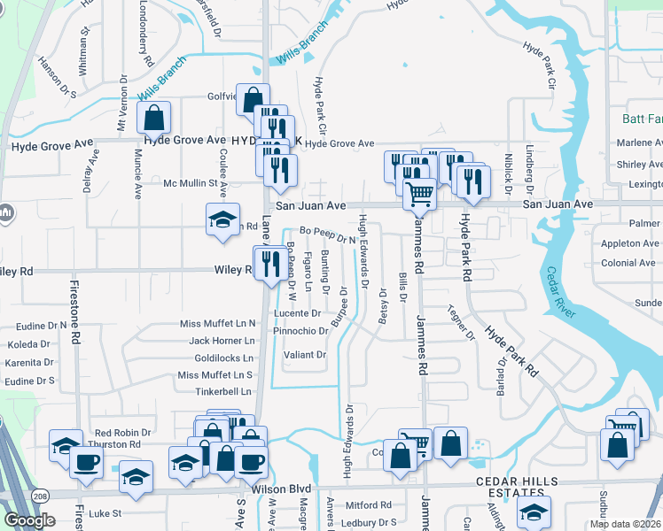 map of restaurants, bars, coffee shops, grocery stores, and more near 2117 Burpee Drive in Jacksonville