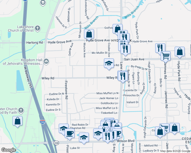 map of restaurants, bars, coffee shops, grocery stores, and more near 2121 Navaho Avenue in Jacksonville