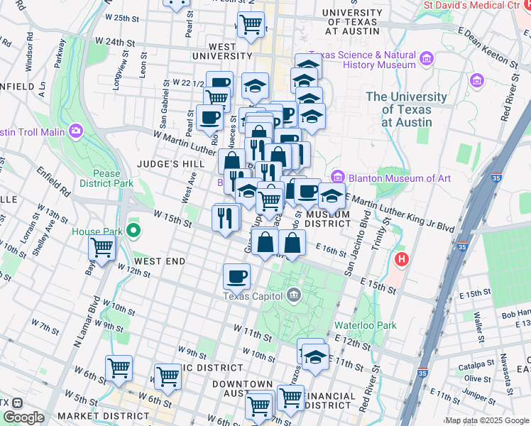 map of restaurants, bars, coffee shops, grocery stores, and more near 1612 Lavaca Street in Austin