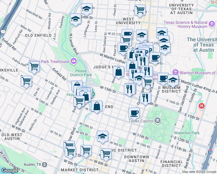 map of restaurants, bars, coffee shops, grocery stores, and more near 1404 West Avenue in Austin