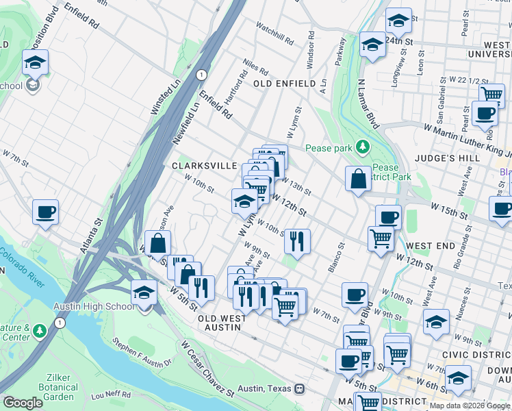 map of restaurants, bars, coffee shops, grocery stores, and more near 1002 Eason Street in Austin