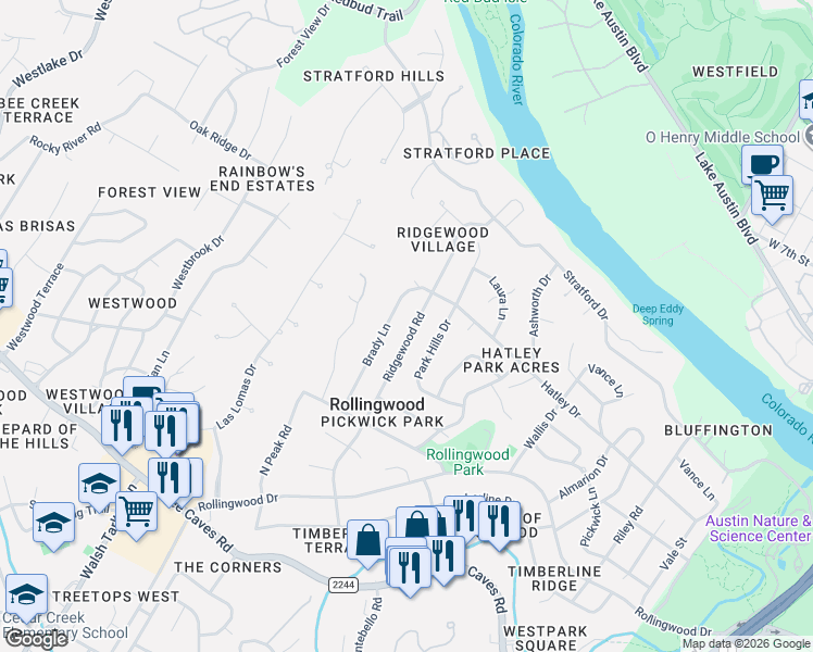 map of restaurants, bars, coffee shops, grocery stores, and more near 410 Ridgewood Road in West Lake Hills