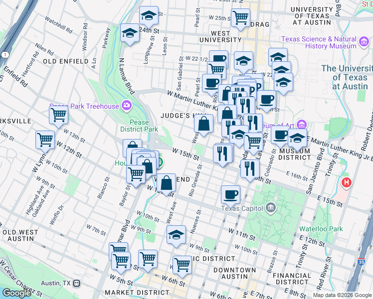 map of restaurants, bars, coffee shops, grocery stores, and more near 1800 Lavaca Street in Austin