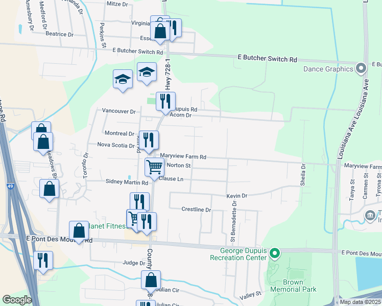 map of restaurants, bars, coffee shops, grocery stores, and more near 302 Maryview Farm Road in Lafayette
