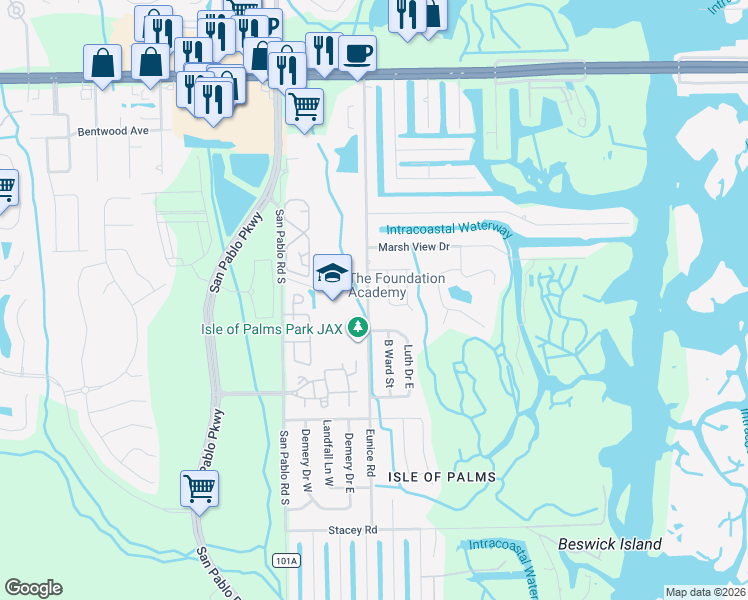 map of restaurants, bars, coffee shops, grocery stores, and more near 3671 Eunice Road in Jacksonville