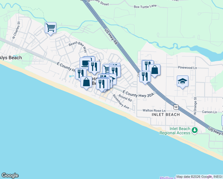 map of restaurants, bars, coffee shops, grocery stores, and more near 55 Hope Town Lane in Panama City Beach