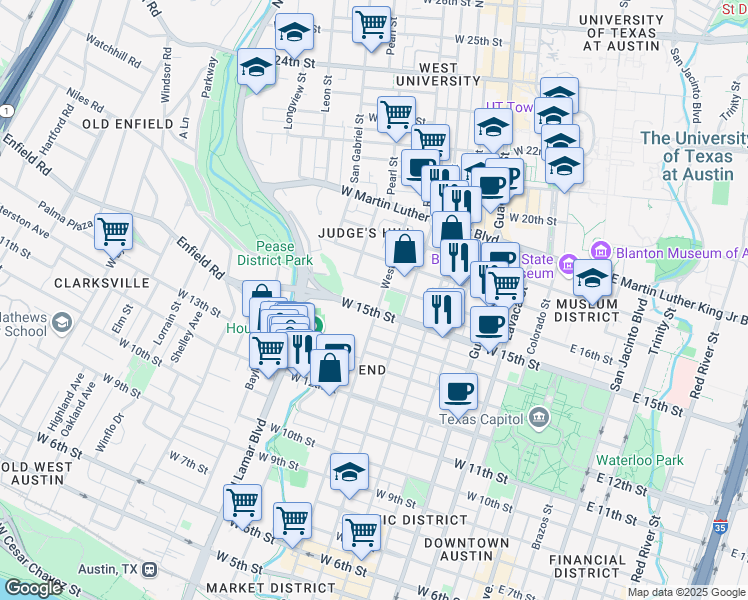 map of restaurants, bars, coffee shops, grocery stores, and more near 1404 West Avenue in Austin