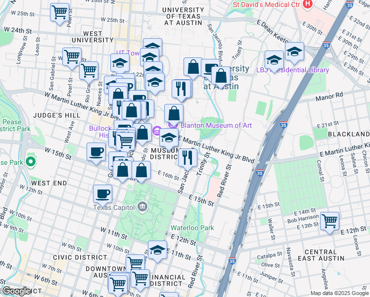 map of restaurants, bars, coffee shops, grocery stores, and more near 1801 Brazos Street in Austin