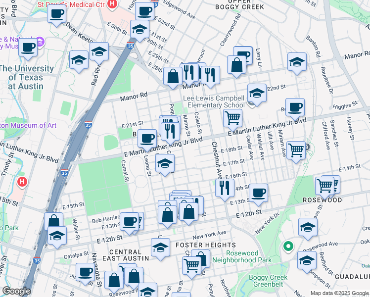 map of restaurants, bars, coffee shops, grocery stores, and more near 2000 East 18th Street in Austin