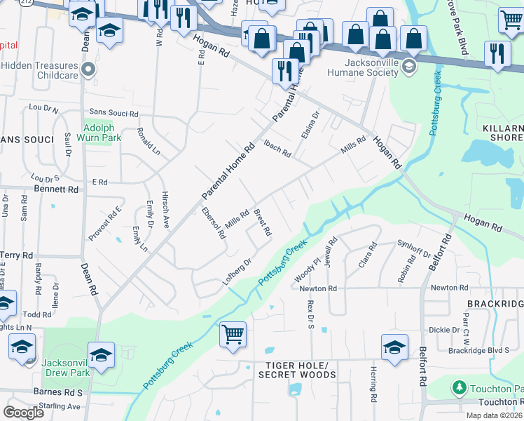 map of restaurants, bars, coffee shops, grocery stores, and more near 2357 Brest Road in Jacksonville