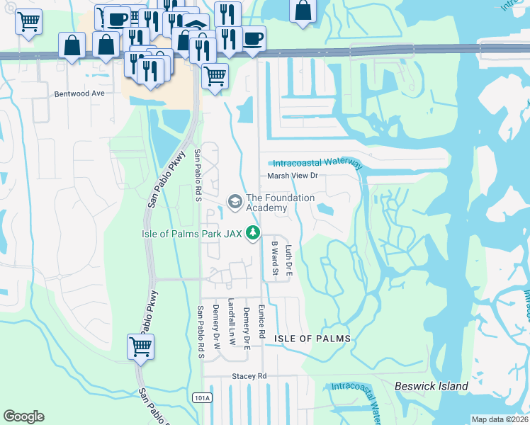 map of restaurants, bars, coffee shops, grocery stores, and more near 3671 Eunice Road in Jacksonville