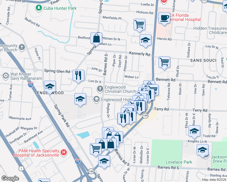 map of restaurants, bars, coffee shops, grocery stores, and more near 5520 Sabena Road in Jacksonville