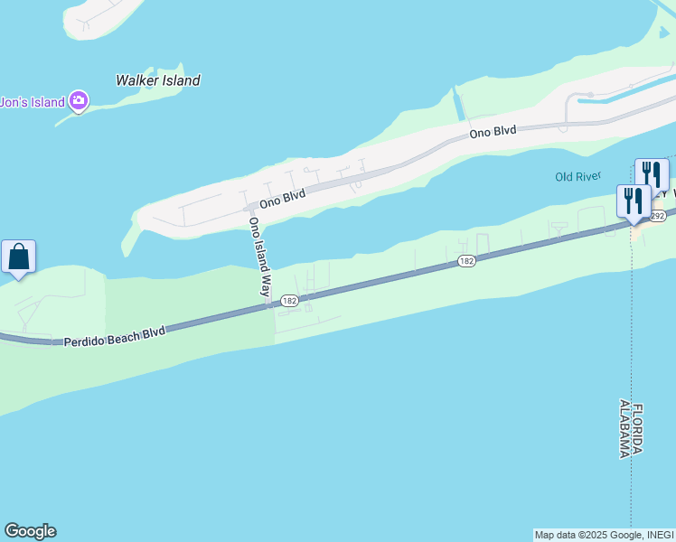 map of restaurants, bars, coffee shops, grocery stores, and more near in Orange Beach