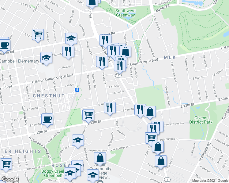 map of restaurants, bars, coffee shops, grocery stores, and more near 3010 East 14th 1/2 Street in Austin