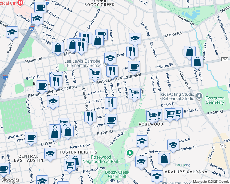 map of restaurants, bars, coffee shops, grocery stores, and more near 1700 Walnut Avenue in Austin