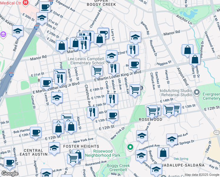 map of restaurants, bars, coffee shops, grocery stores, and more near 1700 Walnut Avenue in Austin