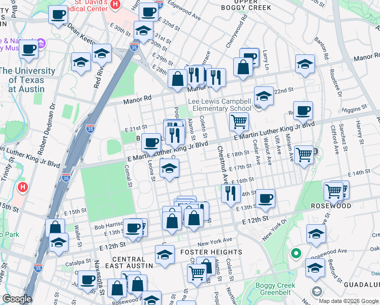 map of restaurants, bars, coffee shops, grocery stores, and more near 2000 East 18th Street in Austin