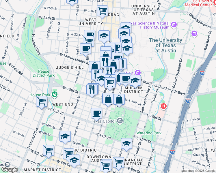 map of restaurants, bars, coffee shops, grocery stores, and more near 1612 Lavaca Street in Austin