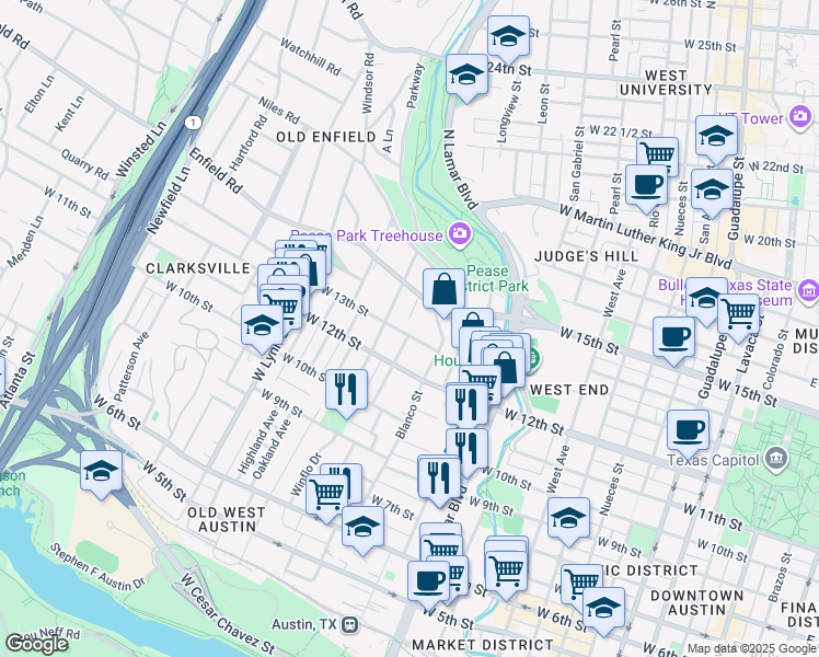 map of restaurants, bars, coffee shops, grocery stores, and more near 1206 Shelley Avenue in Austin