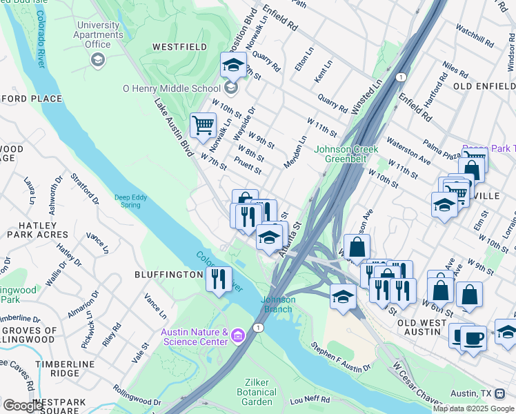 map of restaurants, bars, coffee shops, grocery stores, and more near 601 Deep Eddy Avenue in Austin