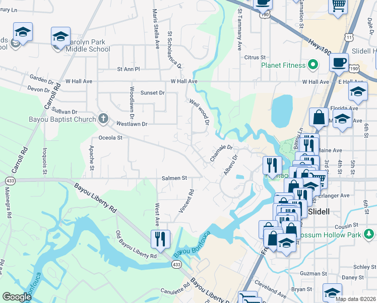 map of restaurants, bars, coffee shops, grocery stores, and more near 1301-1399 Sullivan Drive in Slidell