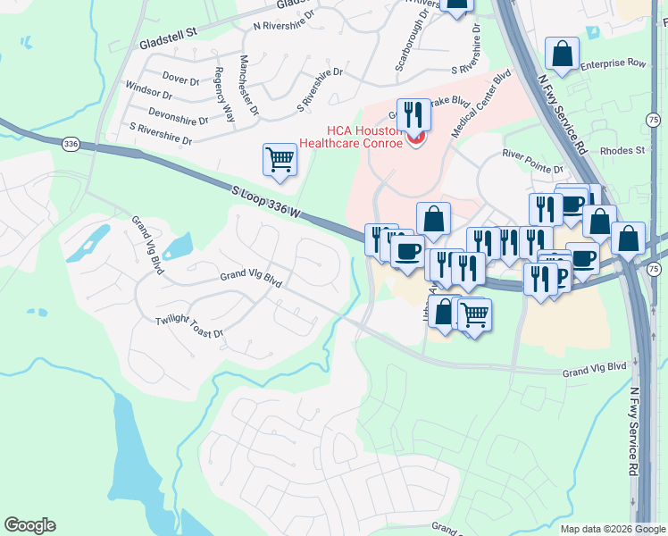 map of restaurants, bars, coffee shops, grocery stores, and more near 282 Trillium Park Loop in Conroe