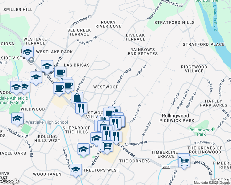 map of restaurants, bars, coffee shops, grocery stores, and more near 301 Stonewall Lane in Austin