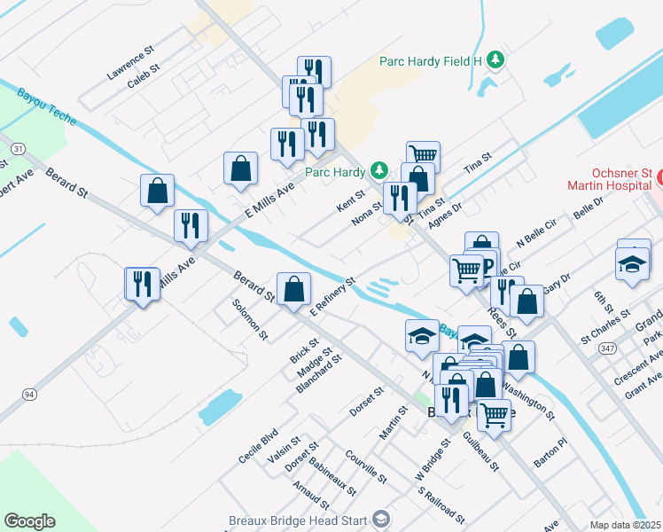 map of restaurants, bars, coffee shops, grocery stores, and more near 128 Oak Drive in Breaux Bridge
