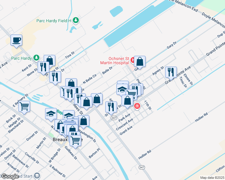map of restaurants, bars, coffee shops, grocery stores, and more near 980 East Bridge Street in Breaux Bridge