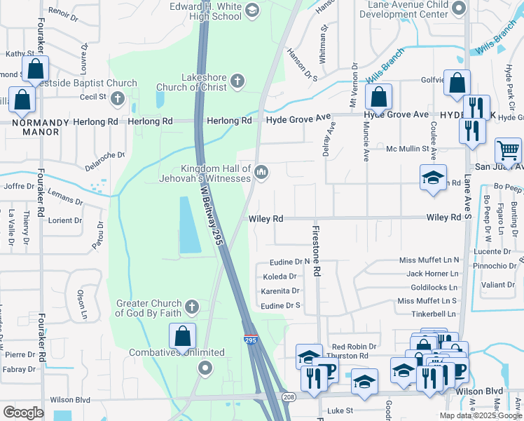 map of restaurants, bars, coffee shops, grocery stores, and more near 2043 Wiley Oaks Lane in Jacksonville
