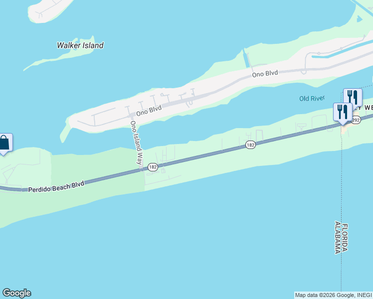 map of restaurants, bars, coffee shops, grocery stores, and more near 29030 Perdido Beach Boulevard in Orange Beach