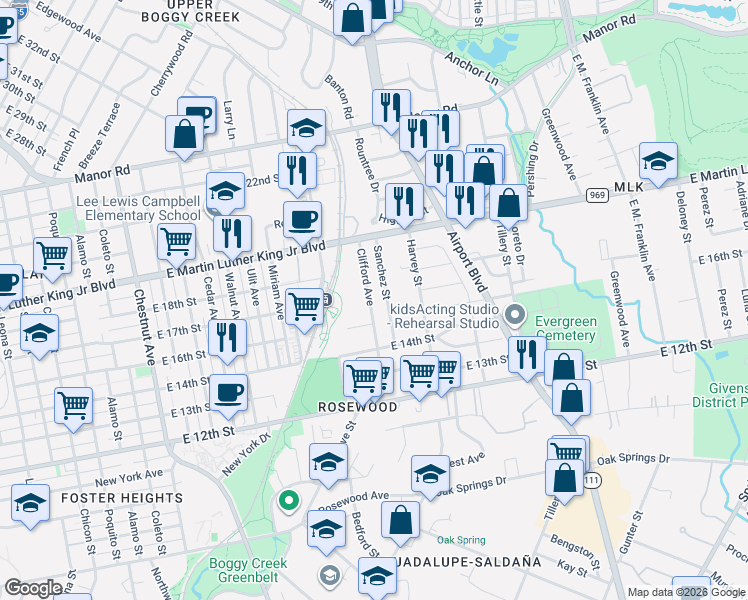 map of restaurants, bars, coffee shops, grocery stores, and more near 1611 Clifford Avenue in Austin