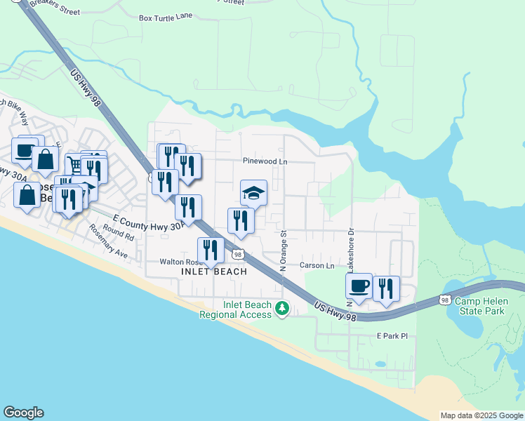 map of restaurants, bars, coffee shops, grocery stores, and more near in Rosemary Beach