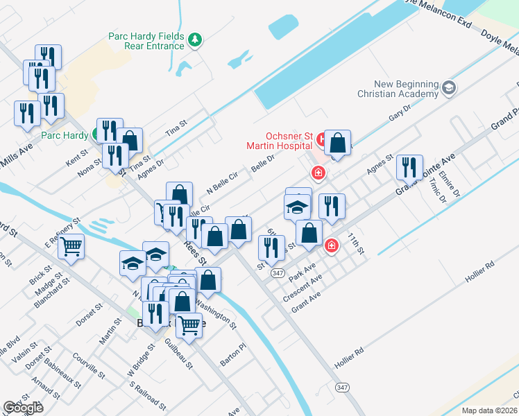 map of restaurants, bars, coffee shops, grocery stores, and more near 1017 Par Road 504 in Breaux Bridge