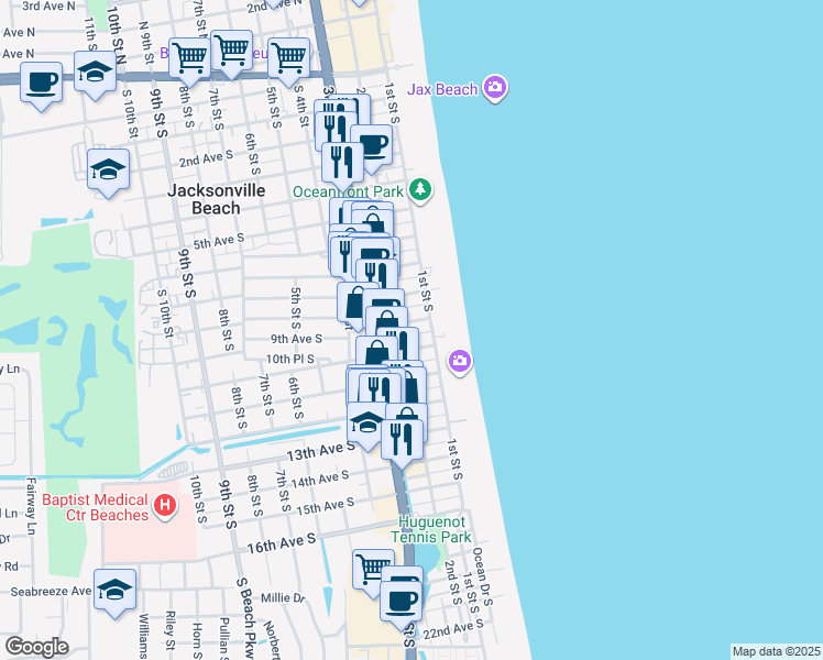 map of restaurants, bars, coffee shops, grocery stores, and more near 138 10th Avenue South in Jacksonville Beach